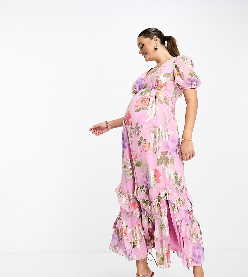 ASOS DESIGN Maternity ruffle frill hem maxi dress in pink lurex rose print-Multi