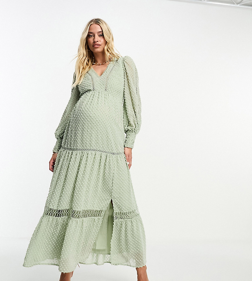 ASOS DESIGN Maternity tufted dobby lace insert maxi dress in light sage-Green