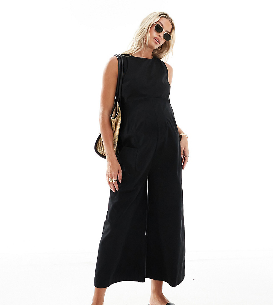 ASOS DESIGN Maternity twill minimal sleeveless jumpsuit with wide leg in black