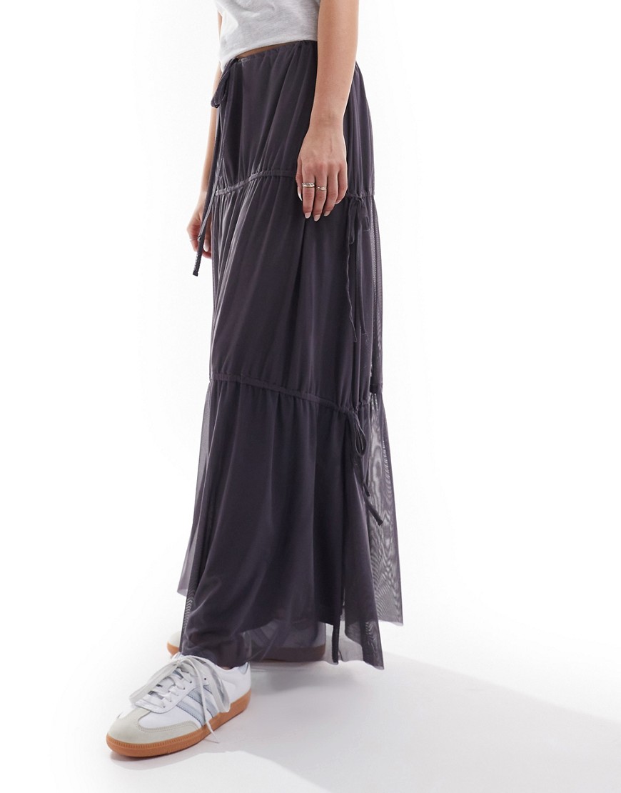 ASOS DESIGN mesh maxi skirt with tiered ruched channels in charcoal-Grey
