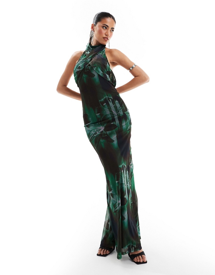 ASOS DESIGN mesh sleeveless wrap front maxi dress in dark green floral print-Multi
