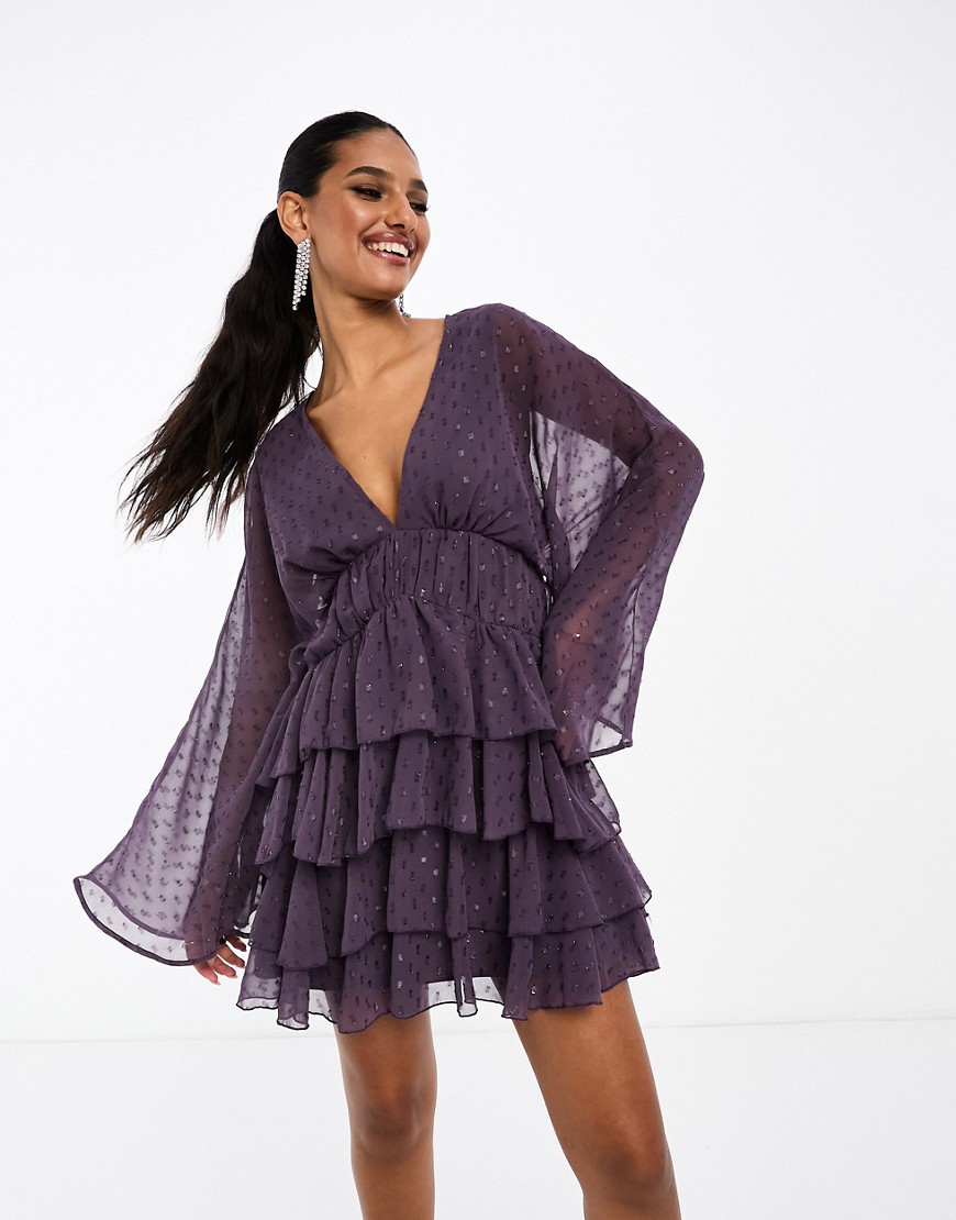 ASOS DESIGN metallic dobby chiffon mini dress with rara skirt and flared sleeves in purple