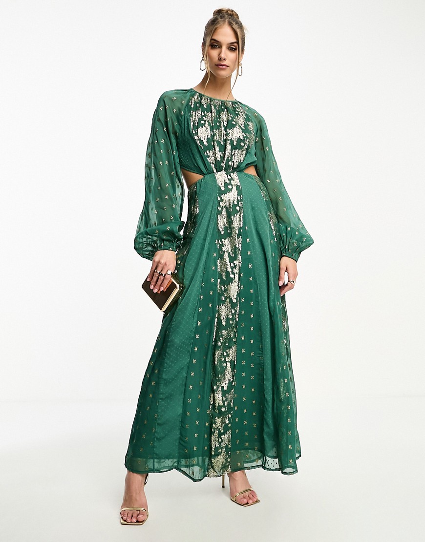 ASOS DESIGN metallic jacquard midi dress with elasticated back in pine green-Multi