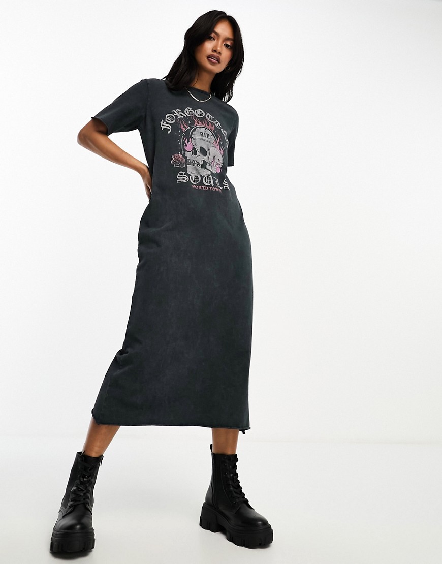 ASOS DESIGN midi t-shirt dress with skull graphic in washed charcoal-Grey