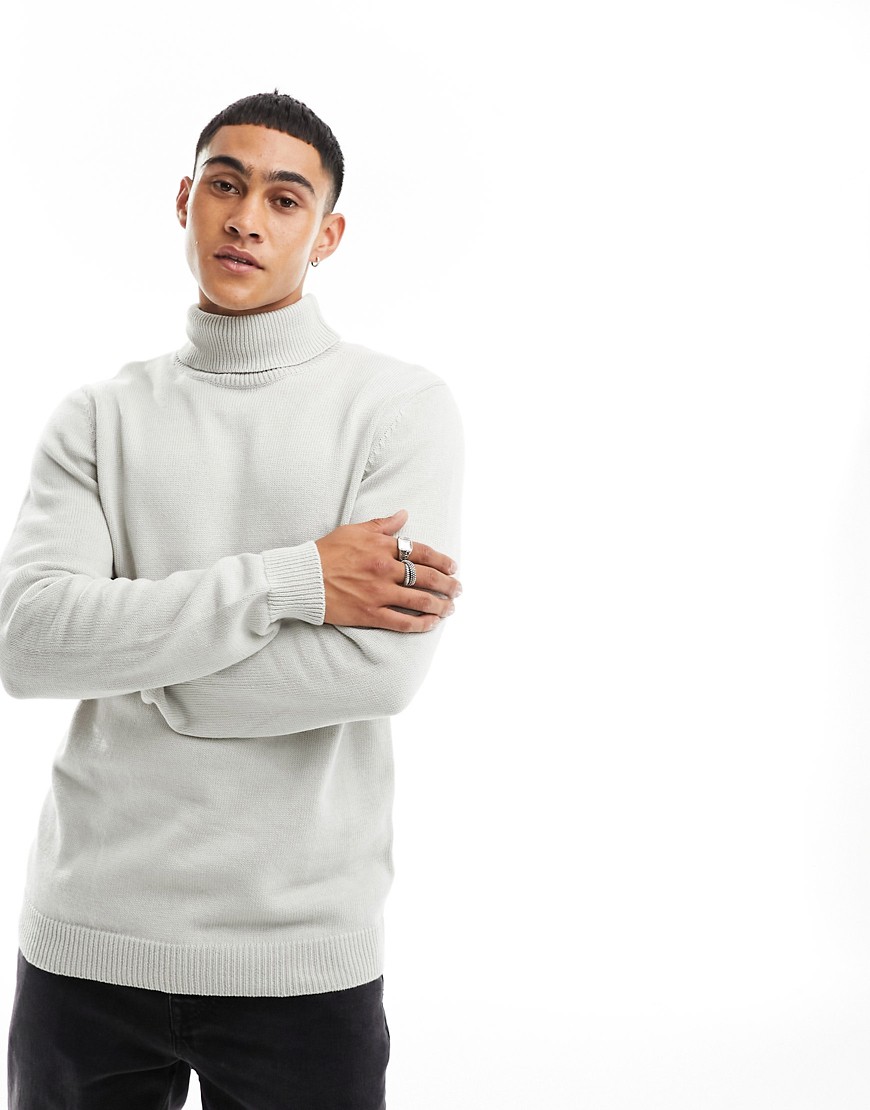 ASOS DESIGN midweight knitted cotton roll neck jumper in light grey