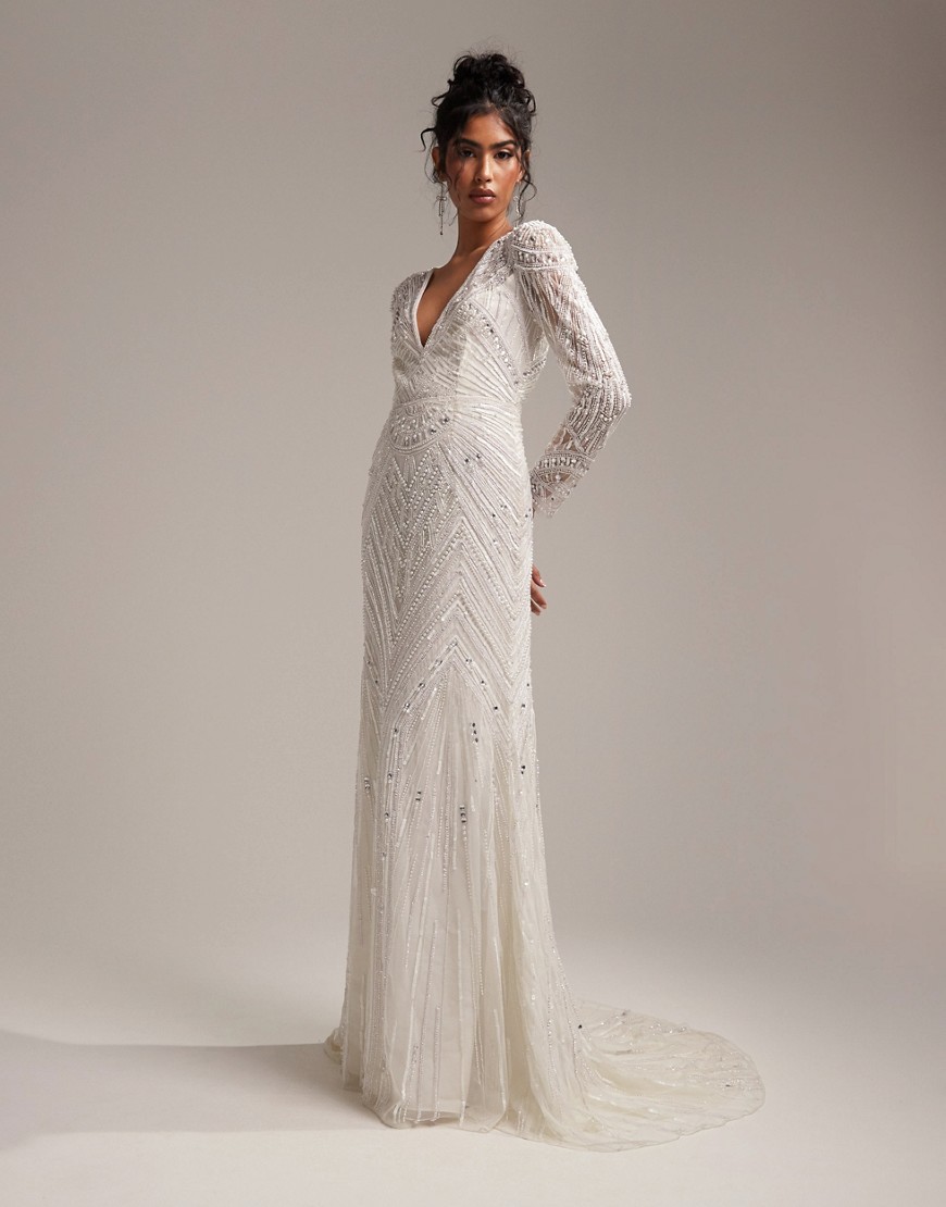 ASOS DESIGN Millie long sleeve vintage artwork sequin and bead maxi wedding dress in ivory-White