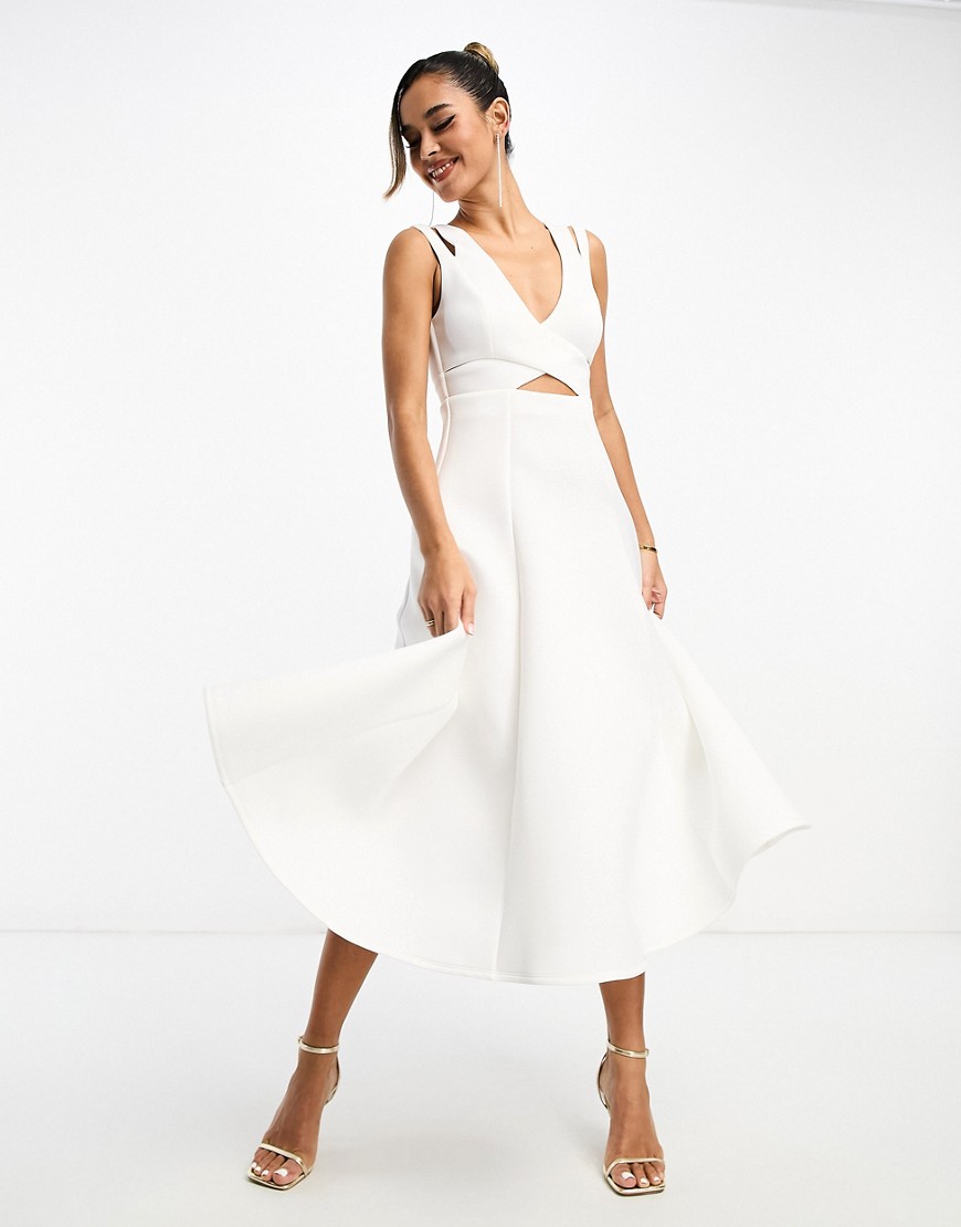 ASOS DESIGN minimal wrap seamed prom midi dress in ivory-White