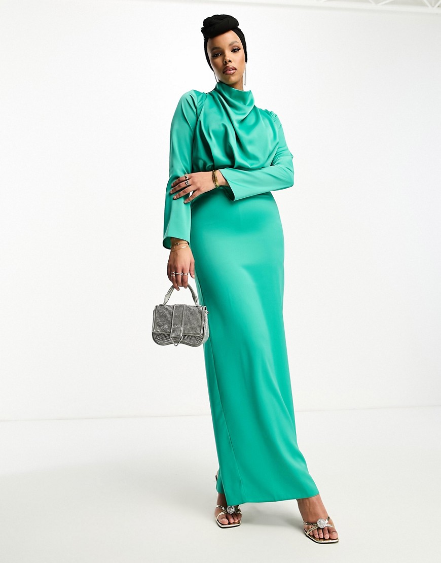 ASOS DESIGN Modest satin high neck pleat detail maxi dress with long sleeves in jewel green - MGREEN