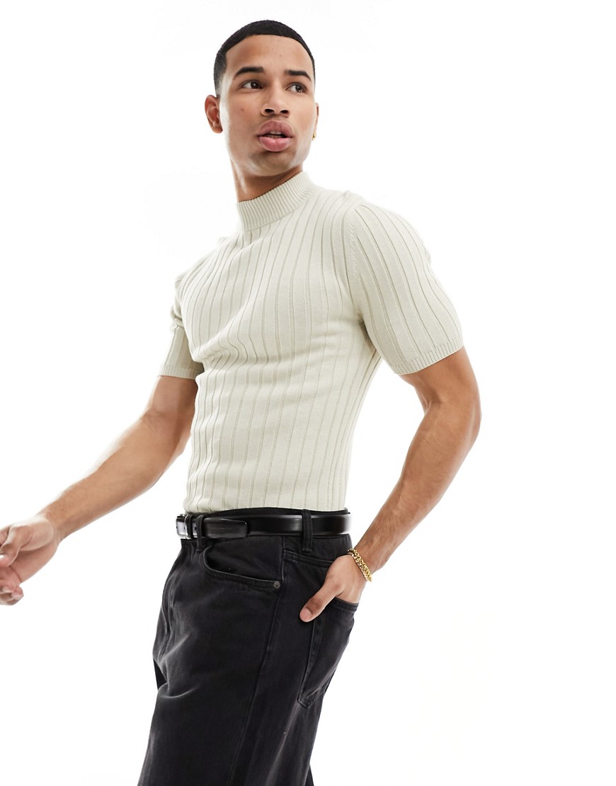 ASOS DESIGN muscle fit lightweight knitted rib turtle neck t-shirt in stone-Neutral