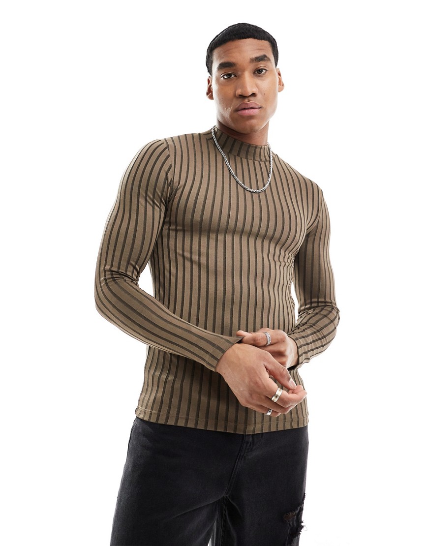 ASOS DESIGN muscle fit long sleeve t-shirt with turtle neck in chunky rib in khaki-Green