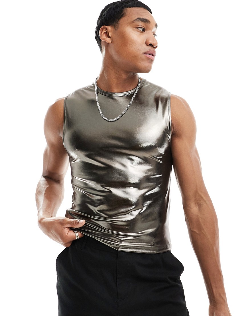 ASOS DESIGN muscle fit tank vest in metallic silver fabric