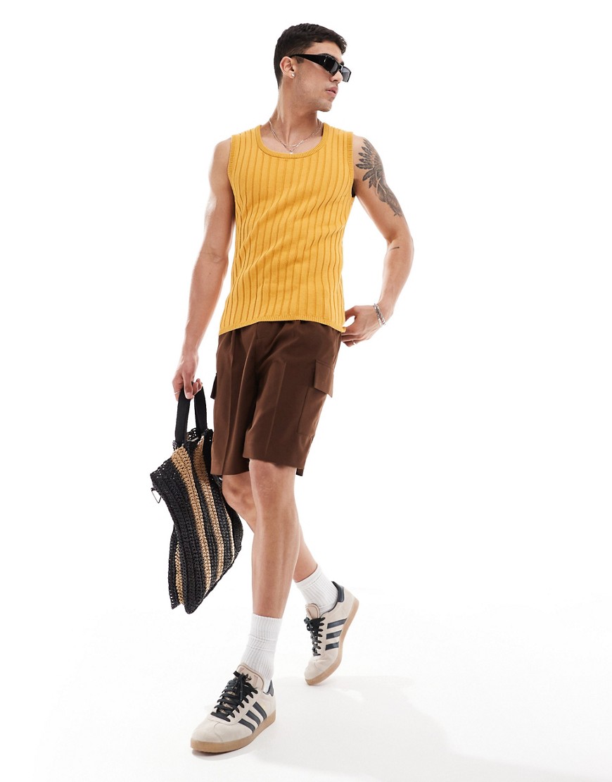ASOS DESIGN muscle lightweight knitted rib scoop neck vest in mustard-Yellow