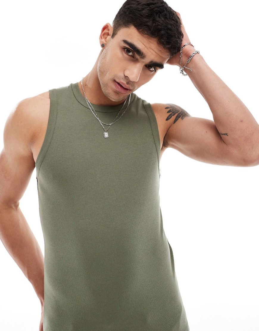 ASOS DESIGN muscle rib vest with crew neck in khaki-Green
