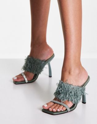 Nettle faux feather embellished heeled mules in sage green