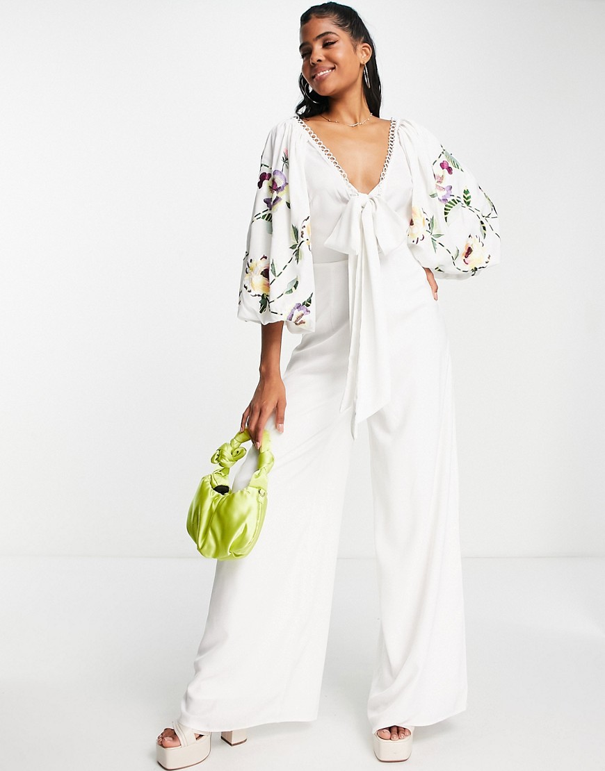 ASOS DESIGN occasion big sleeve tie front wide leg jumpsuit with embroidery in white
