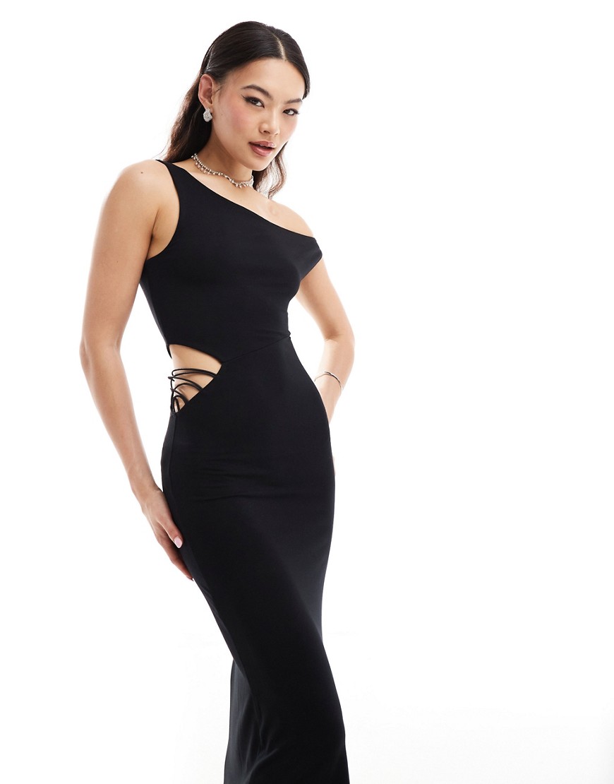 ASOS DESIGN off shoulder midi dress with lattice cut out side in black