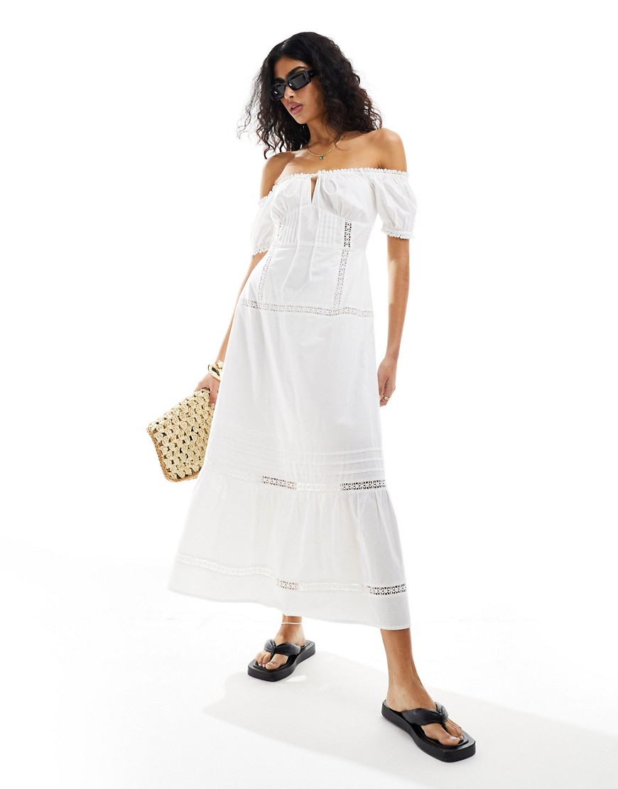 ASOS DESIGN off shoulder midi dress with pintucks & crochet trims in white