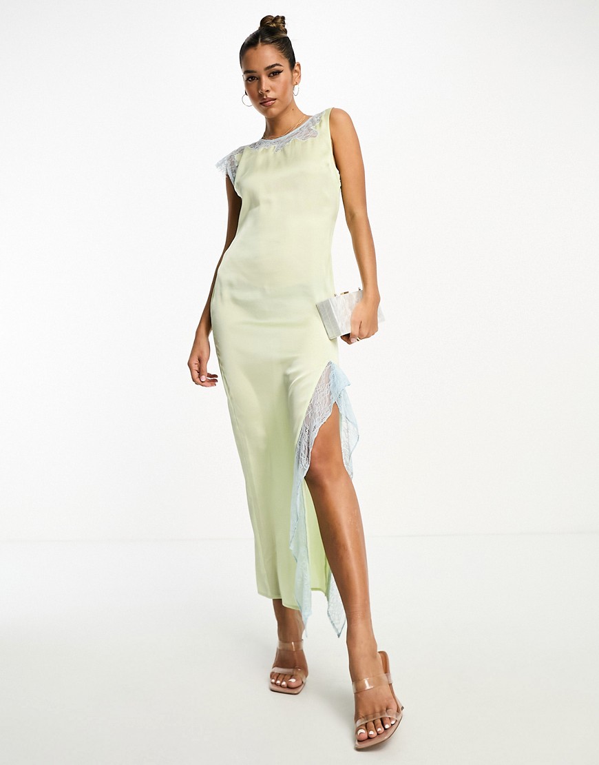 ASOS DESIGN one shoulder satin midaxi dress with contrast lace inserts in pale green