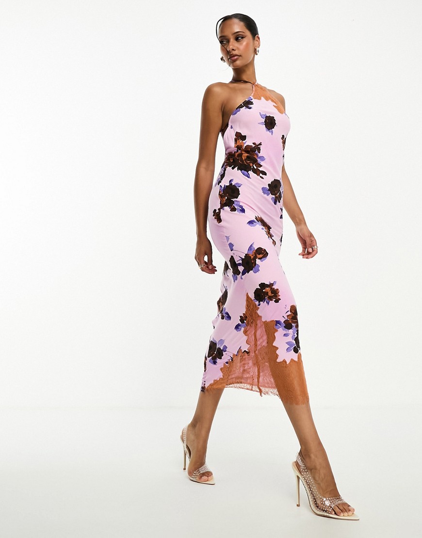 ASOS DESIGN one shoulder strappy midi dress with lace trim in spaced floral-Multi