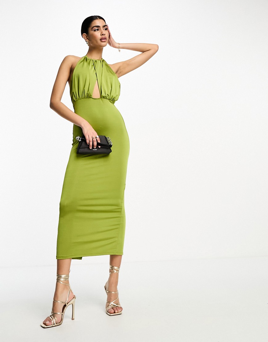 ASOS DESIGN overlay halter slinky midi dress in olive green