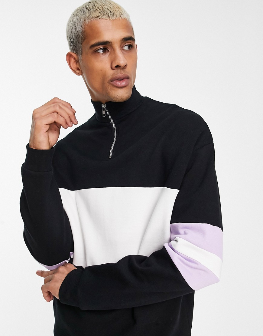 ASOS DESIGN oversized colour block half zip sweatshirt in black and white-Multi