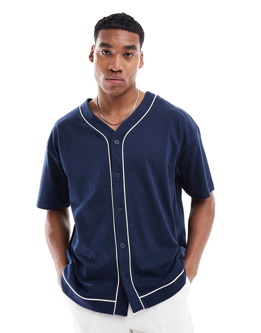 ASOS DESIGN oversized fit button up baseball t-shirt with contrast piping in navy