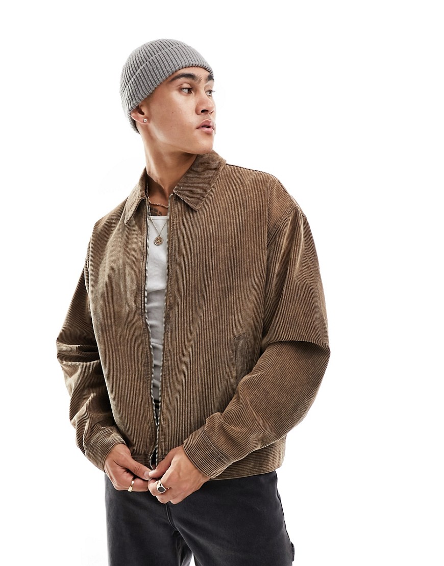 ASOS DESIGN oversized harrington jacket with washed cord in stone-Neutral