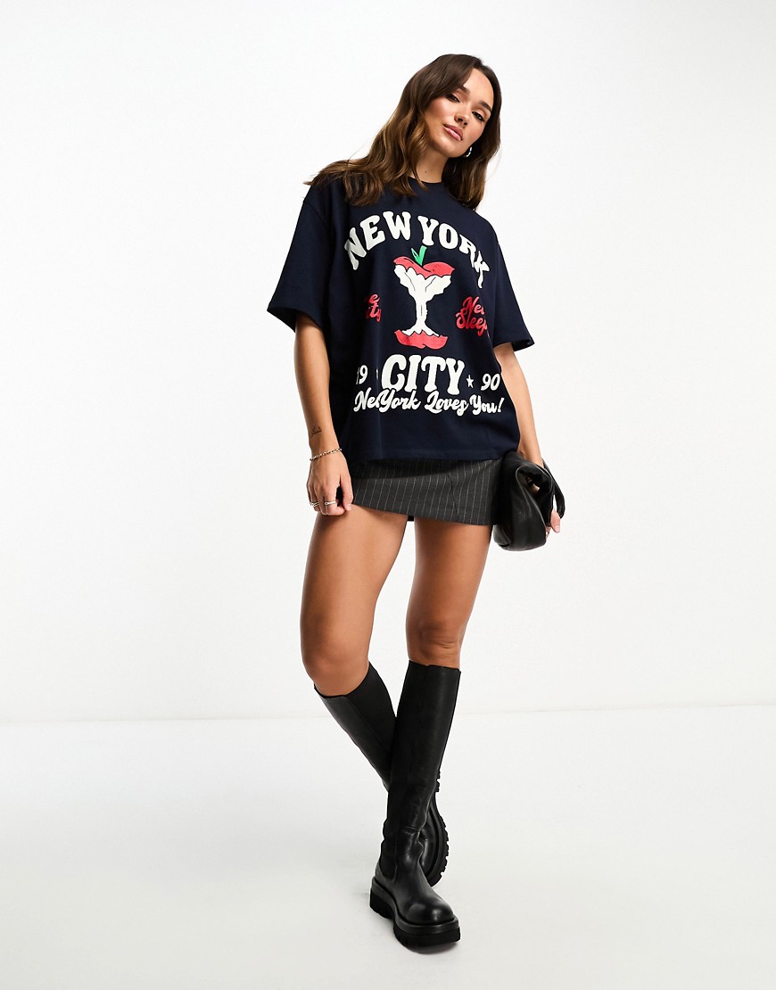 ASOS DESIGN oversized heavy weight t-shirt in new york apple graphic in navy