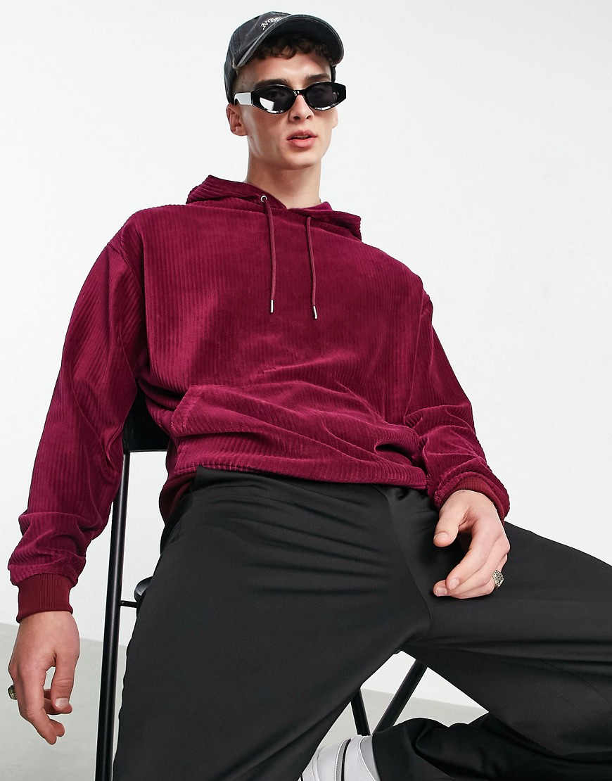 ASOS DESIGN oversized hoodie in ribbed velour burgundy-Red