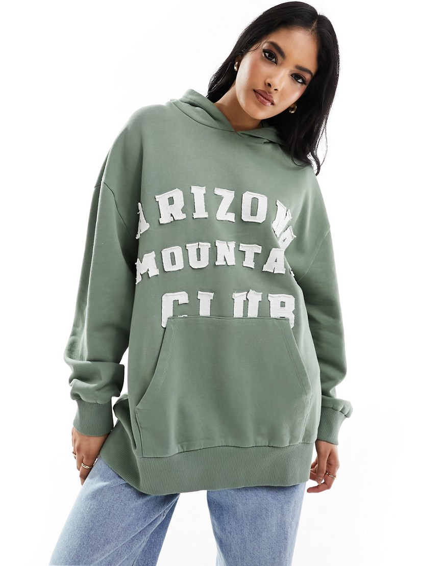 ASOS DESIGN oversized hoodie with arizona mountain club applique graphic in khaki-Green