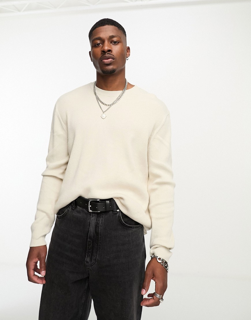 ASOS DESIGN oversized knitted essential rib crew neck jumper in stone-Neutral