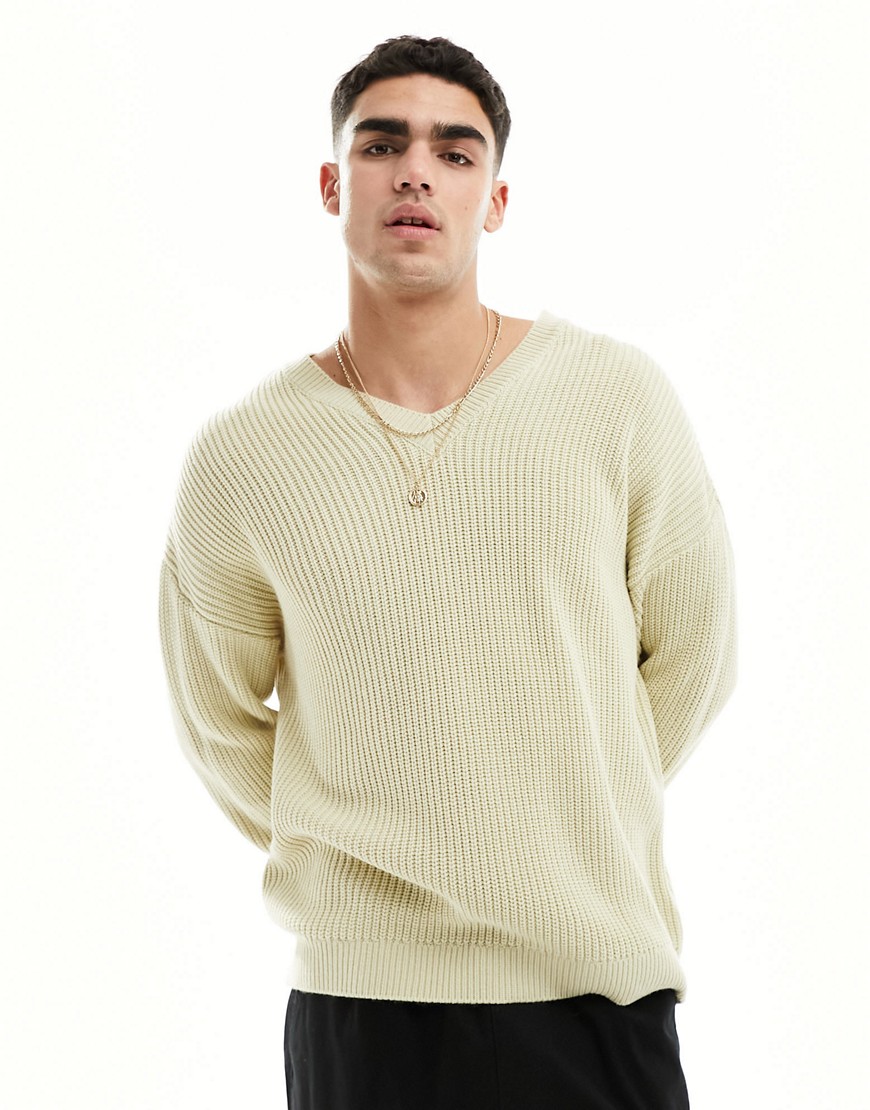 ASOS DESIGN oversized knitted fisherman rib jumper with v-neck in oatmeal-Neutral