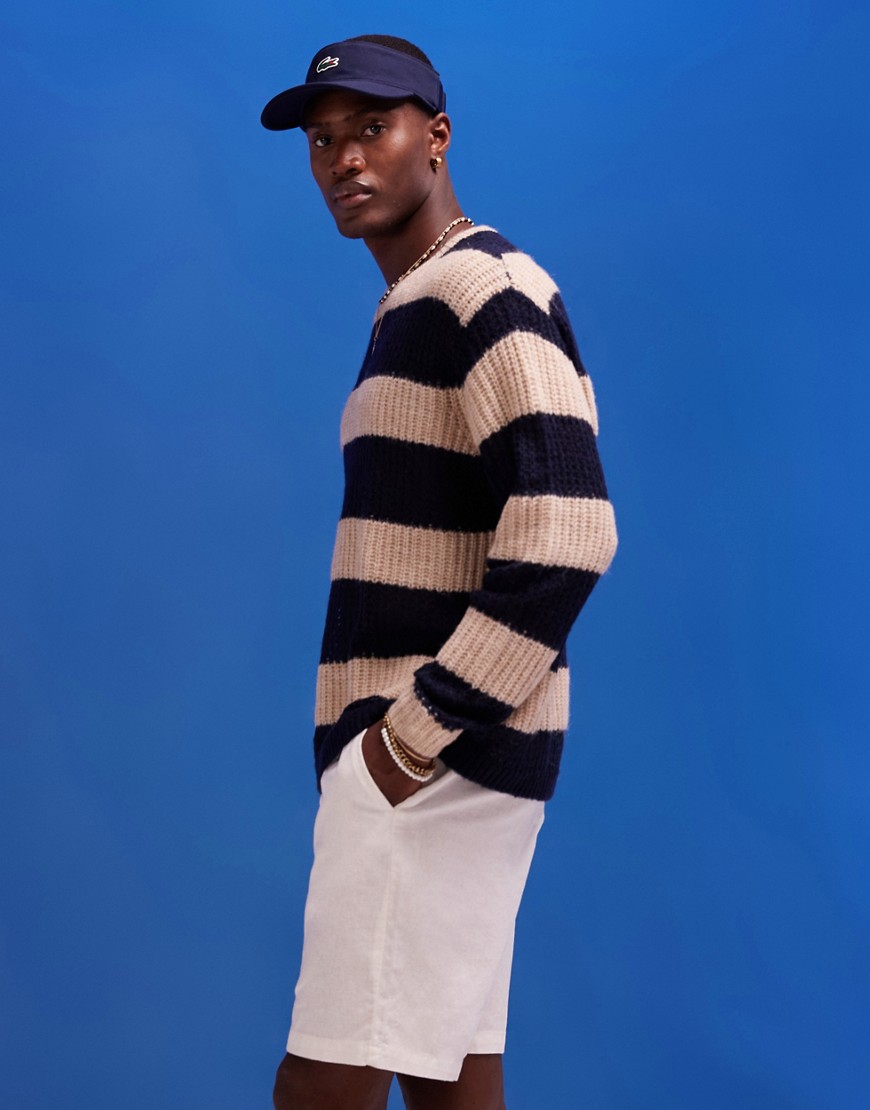 ASOS DESIGN oversized knitted jumper in navy and ecru stripe texture
