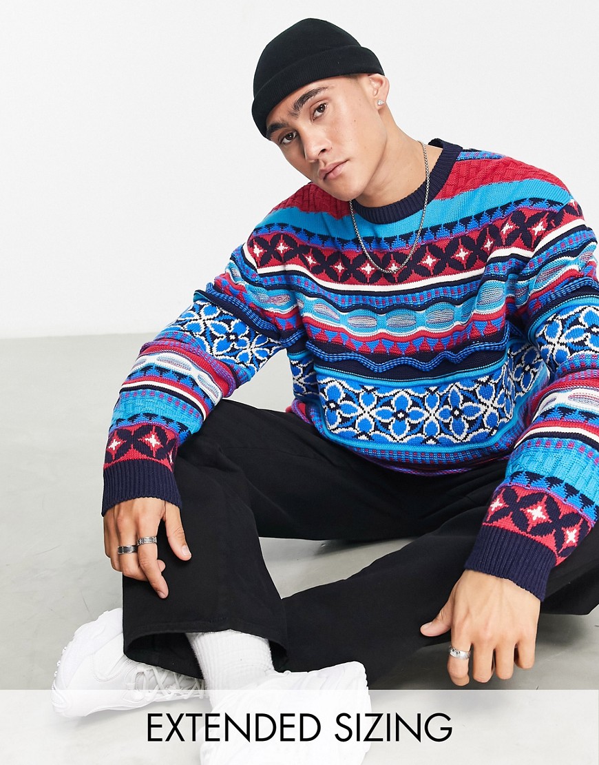ASOS DESIGN oversized knitted jumper with aztec pattern in blue