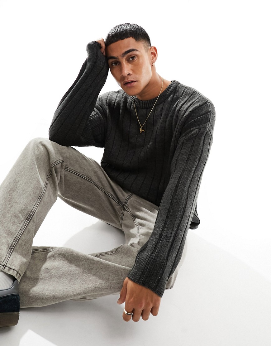 ASOS DESIGN oversized knitted wide ribbed jumper in charcoal-Grey