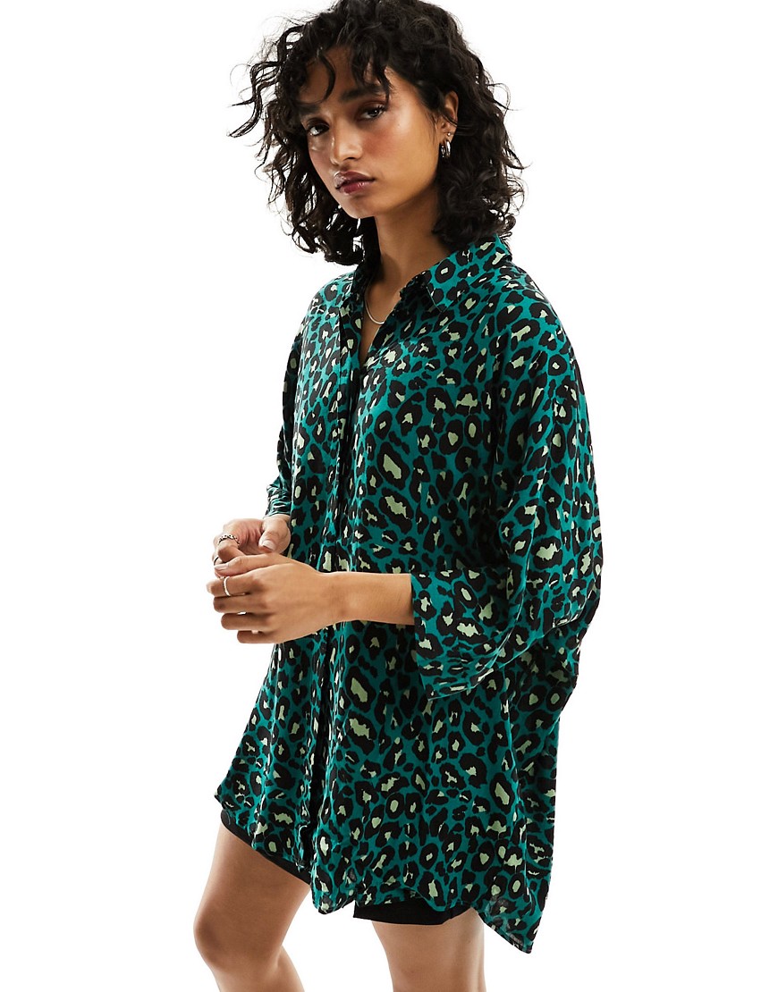 ASOS DESIGN oversized long sleeve shirt in teal leopard print-Multi