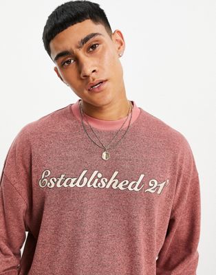 Oversized long sleeve t-shirt in red brushed heather with text print