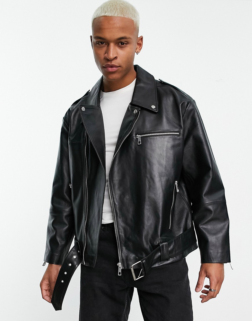 ASOS DESIGN oversized real leather biker in black