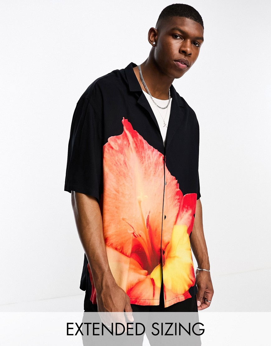 ASOS DESIGN oversized revere longline bowling shirt with flower placement print-Black