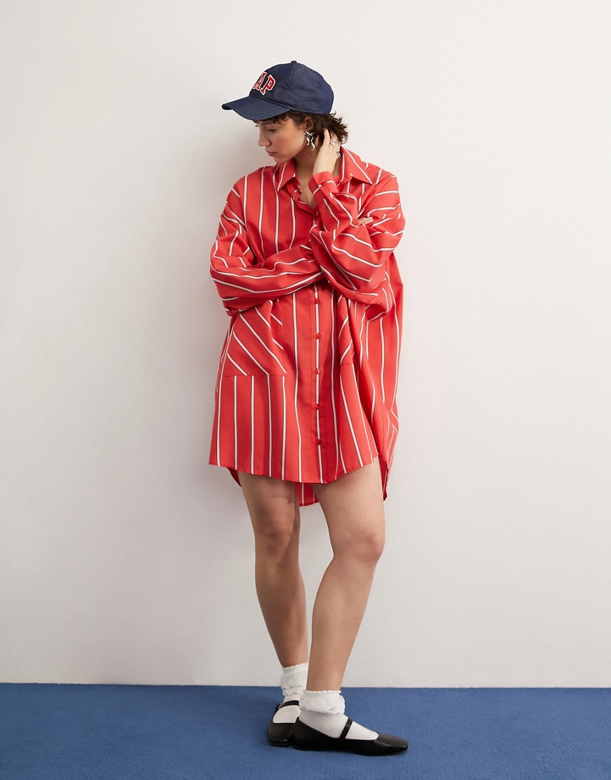ASOS DESIGN oversized shirt dress with dropped pockets in red stripe-Multi