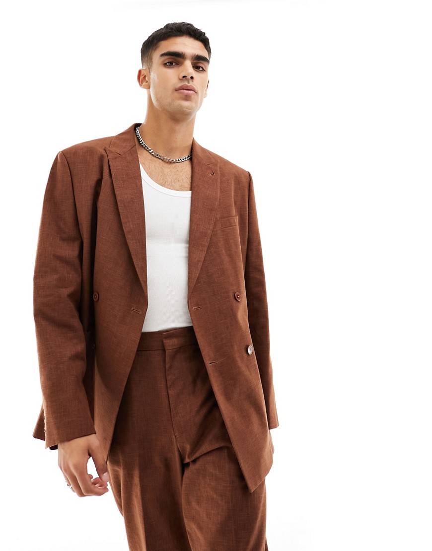 ASOS DESIGN oversized suit jacket in slubby texture in brown