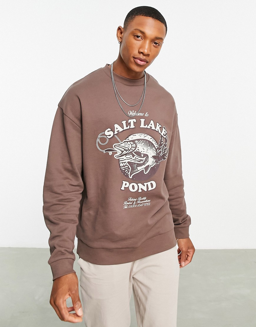 ASOS DESIGN oversized sweatshirt in brown with fishing print-Black