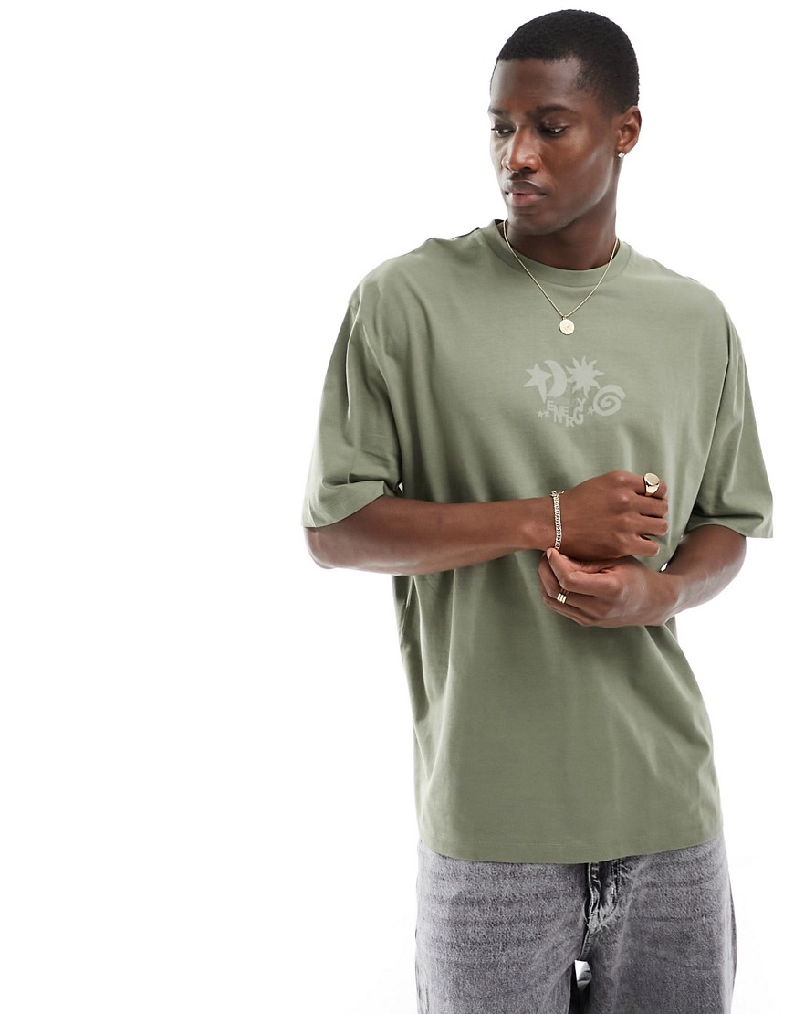 ASOS DESIGN oversized t-shirt in khaki with abstract chest print-Green