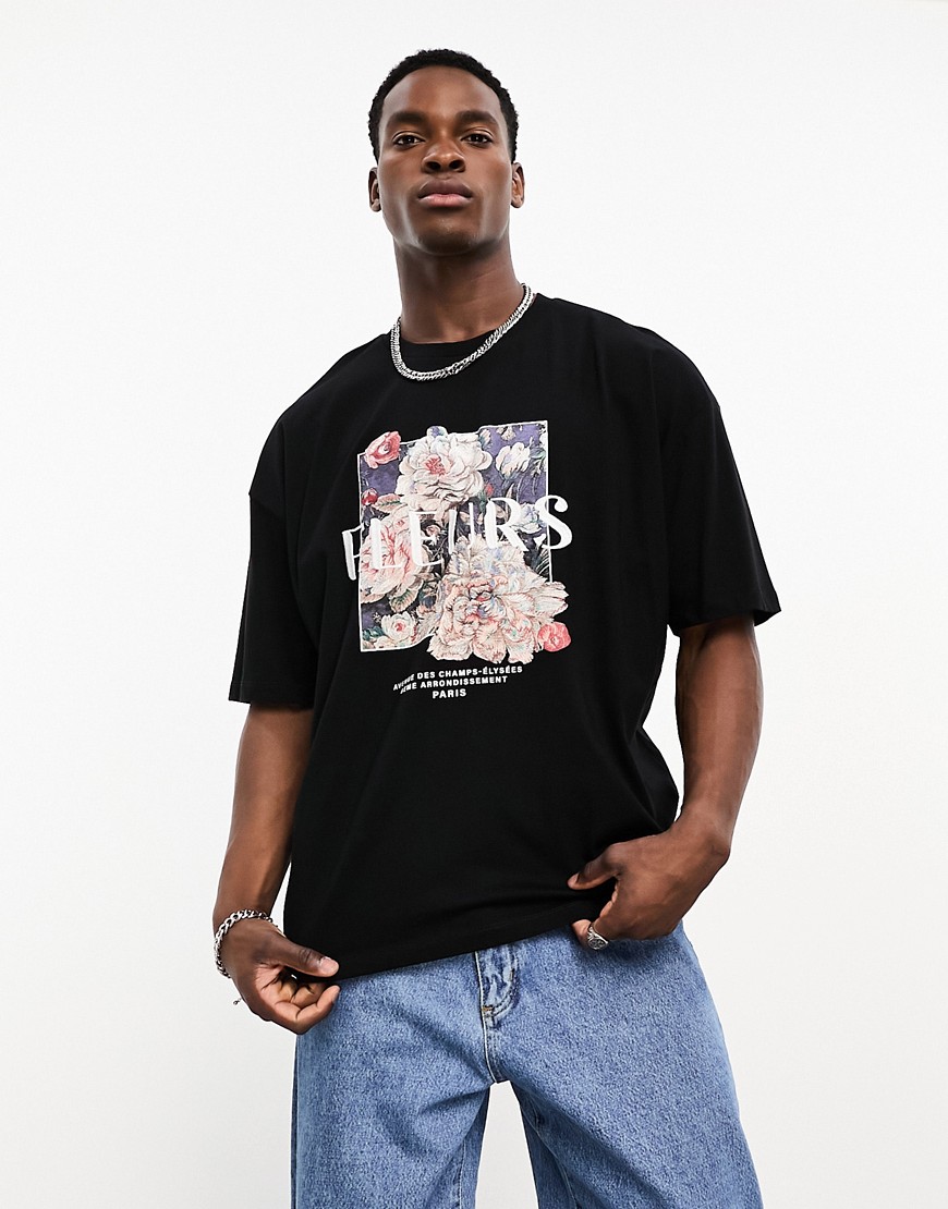 ASOS DESIGN oversized t-shirt with floral back print with embroidery detail-Multi