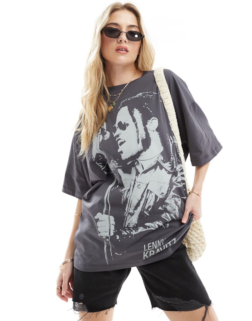 ASOS DESIGN oversized t-shirt with lenny kravitz licence graphic in washed charcoal-Grey