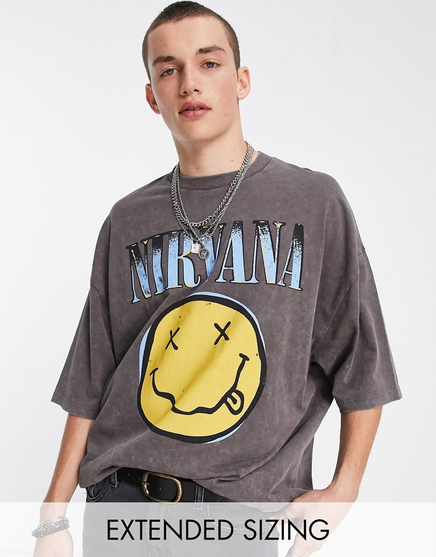 ASOS DESIGN oversized t-shirt with Nirvana smiley graphic print in washed black