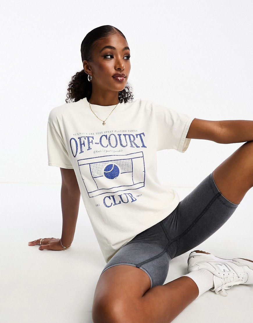 ASOS DESIGN oversized t-shirt with off court tennis club graphic in ecru-White