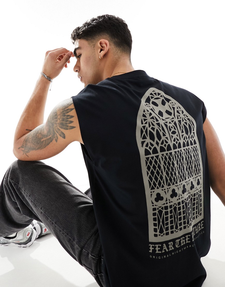 ASOS DESIGN oversized vest in black with stained glass window back print