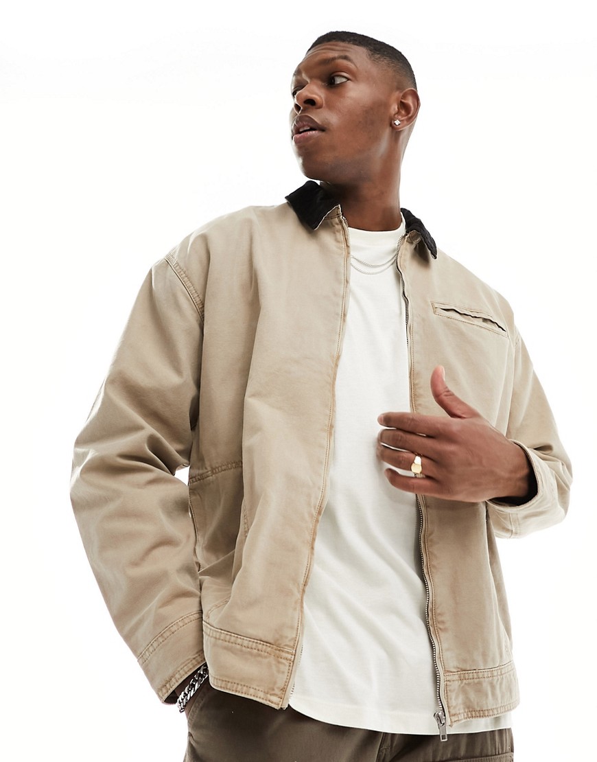 ASOS DESIGN oversized washed harrington jacket with cord collar in stone-Neutral