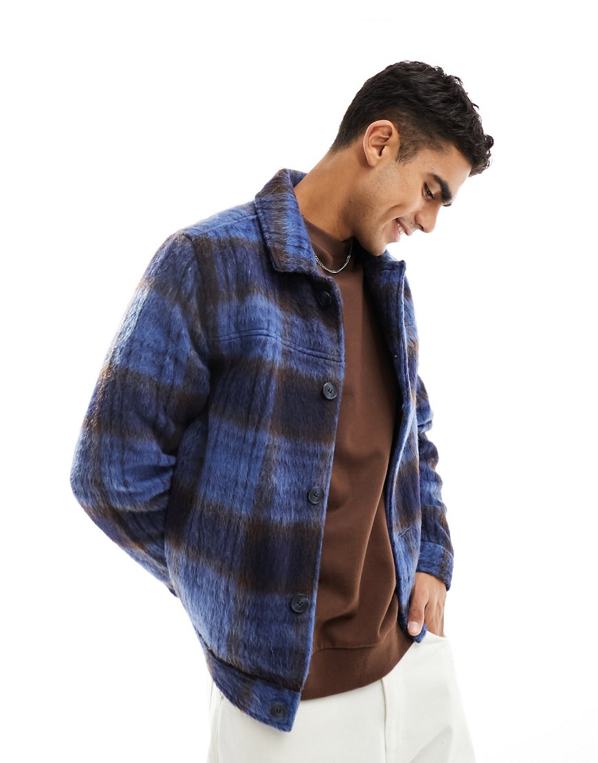 ASOS DESIGN oversized wool look harrington jacket in blue check